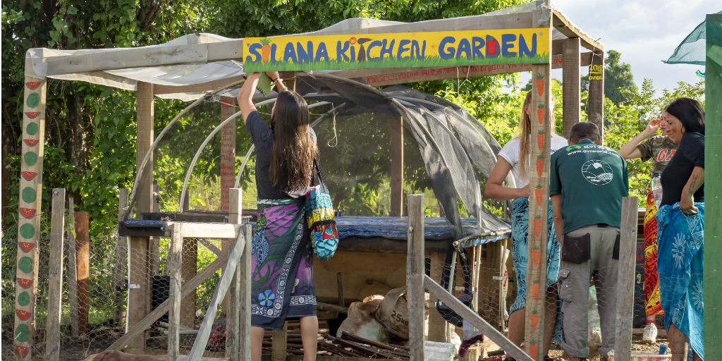 GVI-frivilliga som hjälper dawasamus samhälle att inrätta en matträdgård.